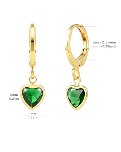 Small Emerald Heart Dangling Huggie Earrings 14K Gold Plated Hoop Earrings for Women Dainty Green Heart Earrings Gift for Mom Girlfriend