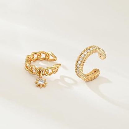 MEVECCO Ear Cuffs Non Piercing 18K Gold Plated Ear Cuff Earring Sets Clip on Cartilage Cubic Zirconia Pearl Minimalist Hypoallergenic Fake Hoop Earrings Stack Women Gifts - style: 2pcs-Chain