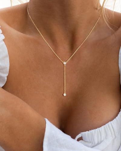 Lariat Gold Necklace for Women, Dainty Long Necklace 14k Gold Plated/Silver Y-Shaped Pendant Necklace Trendy Layered Cz Beaded Chain Drop Necklaces Simple Gold Jewelry for Women Gift - style: LC-1NK-22267-GDW