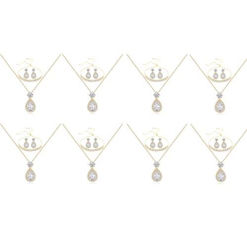 Plated Gold Silver Elegant Teardrop Zircon Earrings Necklace Bracelet Set for Bridesmaids, Sparkling Cubic Zirconia Jewelry, Wedding Gift, 4/5/6-Piece - color: 8 Sets Gold
