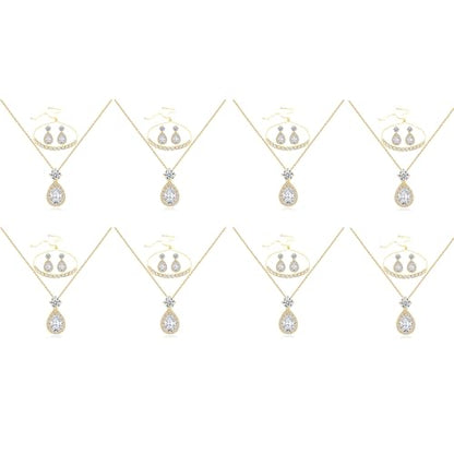 Plated Gold Silver Elegant Teardrop Zircon Earrings Necklace Bracelet Set for Bridesmaids, Sparkling Cubic Zirconia Jewelry, Wedding Gift, 4/5/6-Piece - color: 8 Sets Gold