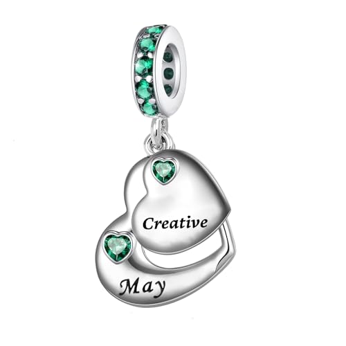 Double Heart Dangle Charm 12 Birthstone Bead for European Bracelet - style: May