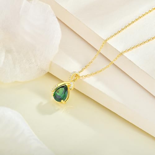 Infinity Birthstone Necklace for Women, Gold Plated Teardrop Cubic Zirconia Pendant, Created Gemstone Twist Necklace for Birthday, Her, Mom, Friend - color: Emerald-green-May
