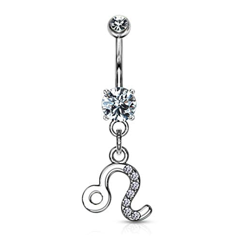 Forbidden Body Jewelry Surgical Steel CZ Jeweled Zodiac Sign Dangle Belly Button Ring - style: Leo