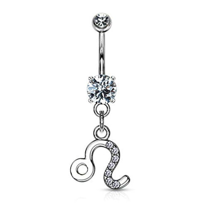 Forbidden Body Jewelry Surgical Steel CZ Jeweled Zodiac Sign Dangle Belly Button Ring - style: Leo