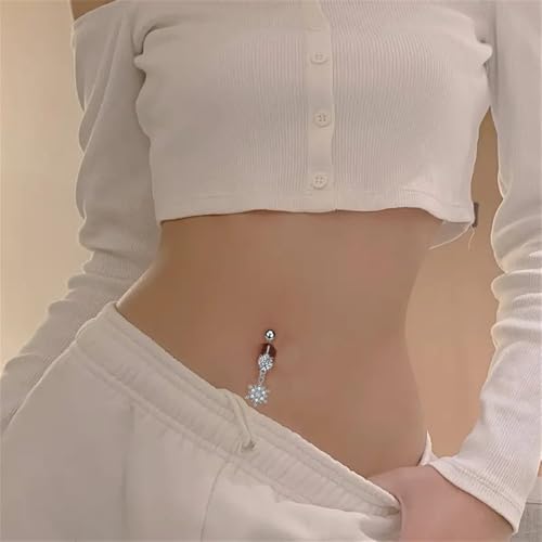 Crystal Snowflake Belly Button Rings for Women Stainless Steel Christmas Dangle Navel Ring Cubic Zirconia Floral Curved Barbell Body Piercing Jewelry - color: Silver