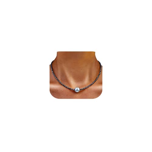 Single Pearl Choker Pendant Necklaces for Women, Natural Gemstone Womens Black Stone Beaded Choker Necklace, Dainty Round Freshwater Pearl Handmade Jewelry Gift Women Birthday Bridesmaids Anniversary 16 18 inch - color: 04-grey, size: 18"