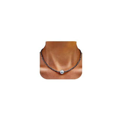 Single Pearl Choker Pendant Necklaces for Women, Natural Gemstone Womens Black Stone Beaded Choker Necklace, Dainty Round Freshwater Pearl Handmade Jewelry Gift Women Birthday Bridesmaids Anniversary 16 18 inch - color: 04-grey, size: 18"