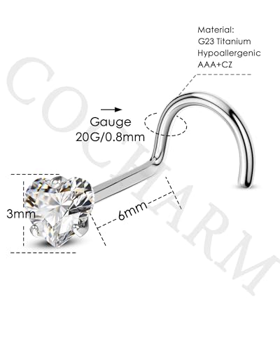COCHARM G23 Titanium Nose Stud Star Heart 20g Nose Piercing 3mm Clear CZ Nose Ring Stud For Women Men 20g Surgical Steel Screw Nose Stud Nose Corkscrew - style: Heart