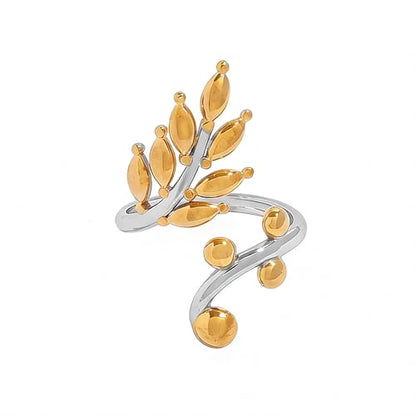 OIDIMS Leaf Statement Rings for Women Stainless Steel Gold-Tone Plated Adjustable Open Finger Band Fashion Plant Branch Leaves Wrap Thumb Ring Boho Stylish Daily Wear Holiday Fashion Jewelry - color: 2-Tone