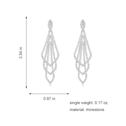 Silver Rhinestone Rectangle Dangle Earrings for Women Cubic Zirconia Crystal Dangle Earrings Long Chandelier Earrings Multi Layer Tassel Earrings Wedding Bridal Jewelry