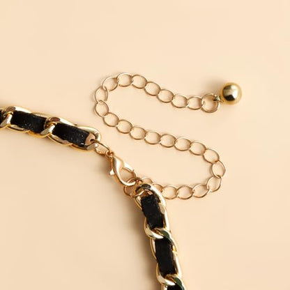 PLOUTOS Statement Layered Choker Necklace for Women Black Woven Chain With Charms And Dangles Plus-Shape Star Spike And Bar Pendants Adjustable Punk Y2K Style - color: Gold A