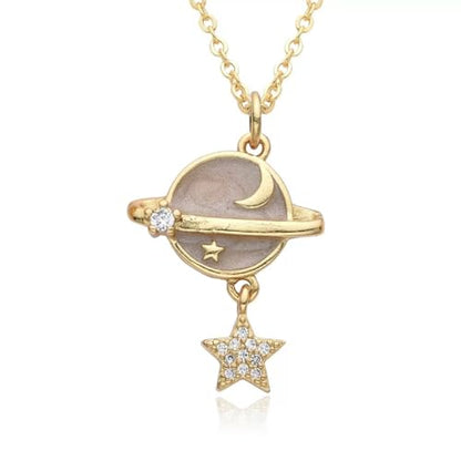 Planet Necklace for Women Gold-Plated Adorned with Saturn Earth Moon and Star Pendants Paired with a Medallion Pendant and Paperclip Chain Choker Adjustable Chain Length Jewelry Gift for Birthdays Dances and Parties - style: Star