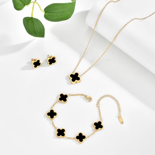 Clover Necklace Bracelet and Stud Earrings Jewelry Sets for Women | 18K Gold Plated Stainless Steel, Black/White Four Leaf Clover set,Christmas Birthday Lucky Gifts for Mom Wife Girlfriend - color: Gold Black 3PCS