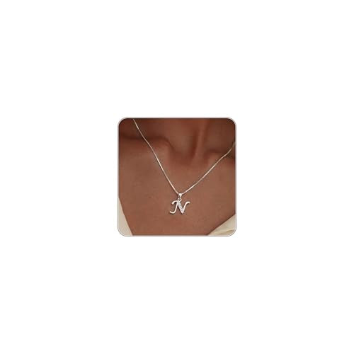 Initial Necklace for Women, 14K Gold Silver Plated Box Chain Letter Pendant, Trendy Name Necklace, Dainty Personalized Charm Jewelry Gift for Her - color: Silver, style: N