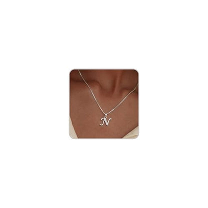 Initial Necklace for Women, 14K Gold Silver Plated Box Chain Letter Pendant, Trendy Name Necklace, Dainty Personalized Charm Jewelry Gift for Her - color: Silver, style: N