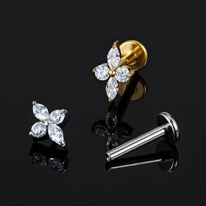 FINE4U 1PC ASTM F136 Titanium 16G Flatback Stud for Tragus, Helix, Conch 6mm 8mm - Screw on Cartilage Earring Piercing Jewelry - color: Four-Pointed Star C - Tit