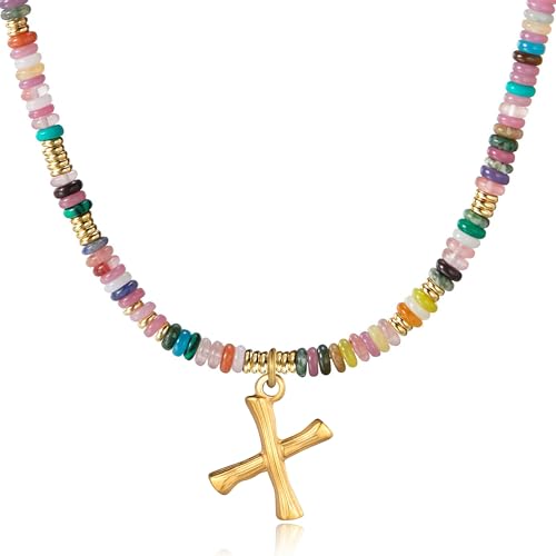 YOUFENG Initial Letter Necklaces for Women Colorful Beaded Gemstone Choker 14K Gold Plated Bamboo Letter Pendant Necklace Natural Stone Handmade Jewelry Gift - color: X