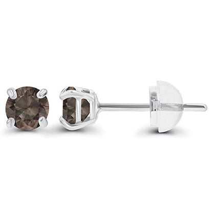 Solid 14K Gold 3mm Round Prong Set Hypoallergenic Genuine Petite Birthstone Stud Earrings - color: Smoky Quartz