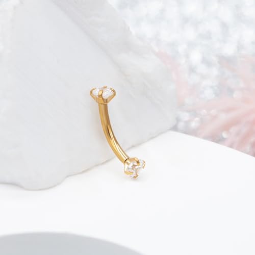 2 Pcs 14k Gold Filled Eyebrow Rings, 16G Threaded Rook Piercing Jewelry, Surgical Steel Vertical Lip Labret Belly Tongue Ring Daith Earring Curved Barbells - color: 6mm-1pcs CZ