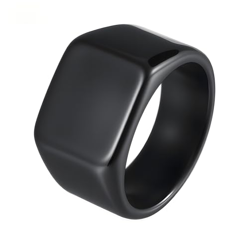 Mens Stainless Steel Plain Signet Rings 4/7/10/14MM Rectangular Pinky Rings | High Polish Classic Blank Thumb Rings, Everyday Comfit Wear, Gift for Men - color: Black14
