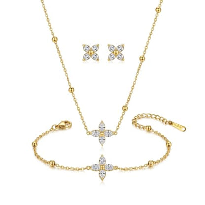 14K Gold Plated Crystal Jewelry set Cubic Zirconia Dainty Choker Necklace Earrings Stud Gold Necklaces for Women - color: Clover