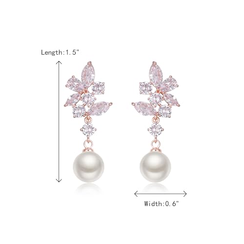 Crysdue Simulated Pearl Earrings for Women, Dainty Silver/Gold/Rose Gold Plated Cubic Zirconia Drop Dangle Earrings Wedding Jewelry for Bride Bridesmaid - style: A- CZ+pearl, rose gold