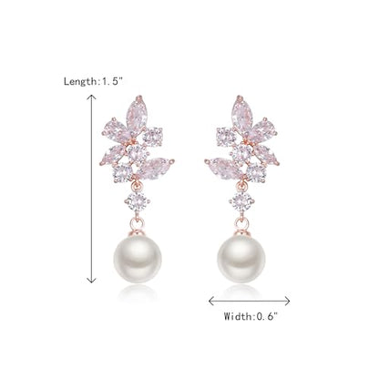 Crysdue Simulated Pearl Earrings for Women, Dainty Silver/Gold/Rose Gold Plated Cubic Zirconia Drop Dangle Earrings Wedding Jewelry for Bride Bridesmaid - style: A- CZ+pearl, rose gold