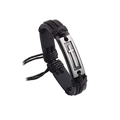 FORUBUS Religious Cross Leather Bracelet, Leather Cross Bracelet for Women Men Religious Gift, Church Pray Baptism Christmas Jewelry - color: Black