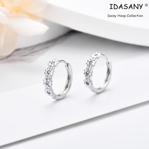 Sterling Silver Hoop Earrings for Women, Dainty Small Huggie Hoop Earrings | Hypoallergenic Daisy Color Cubic Zirconia Flower Hoops Earring Jewellery Gifts for Ladies Birthday Wedding, 12mm Hoop - color: Blue
