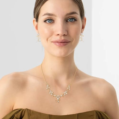 Crysdue Flower Leaf Wedding Jewelry Set for Bridal Bridemaid, Cubic Zirconia Teardrop Elegant Silver/14K/Rose Gold Plated Vine Necklace Dangle Earrings for Prom Party - style: A_Gold Tone