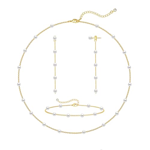 Zeffy Gold Pearl Necklace for Women, Dainty 14K Gold/Silve Plated Layered Pearl Choker Pearl Earrings Pearl Bracelets Wedding Trendy Gold Jewelry Set for Women Gifts - style: Gold Pearl Choker&Drop Earring&Bracelet-3PCS