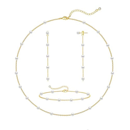 Zeffy Gold Pearl Necklace for Women, Dainty 14K Gold/Silve Plated Layered Pearl Choker Pearl Earrings Pearl Bracelets Wedding Trendy Gold Jewelry Set for Women Gifts - style: Gold Pearl Choker&Drop Earring&Bracelet-3PCS