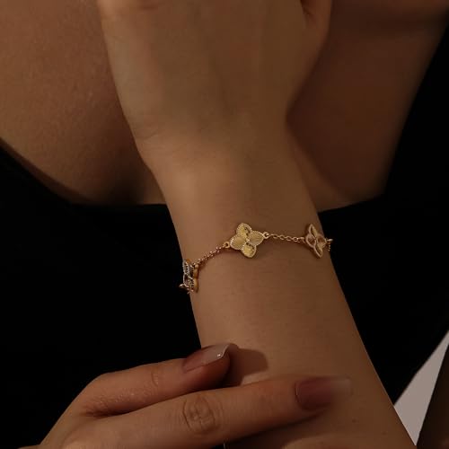 Qitian Clover Bracelet for Women 18K Gold Four Leaf Pink Lucky Link Clover Bracelets, Trendy Bracelets Set Jewelry Gifts for Women - color: E-Gold