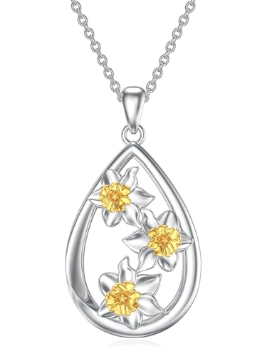 12 Month Birth Flower Necklace for Women 925 Sterling Silver Floral Teardrop Pendant Birthday Jewelry Gifts - color: 03. March Daffodils