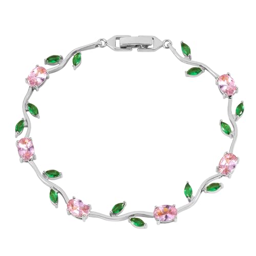 Tulip Flower Bracelet for Women 14K Gold Plated Stainless Steel with Colorful Cubic Zircon Dainty Cute Pink Rose Floral Jewelry Gift for Her Crystal Flower Leaf Bracelets -7.5inch/190mm - color: Pink Green White Gold