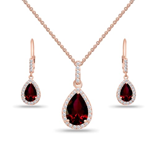 Jewelry Sets for Women, Necklace and Earring Sets for Women, Birthstone Jewelry, Genuine or Synthetic Gemstones, Teardrop Necklace and Dangle Earrings, Pendant Necklace, Sterling Silver Jewelry - color: Synthetic Ruby - Rose Gold