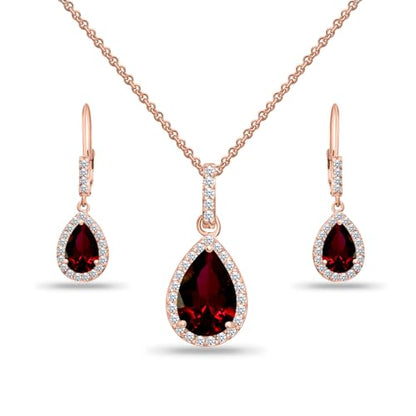 Jewelry Sets for Women, Necklace and Earring Sets for Women, Birthstone Jewelry, Genuine or Synthetic Gemstones, Teardrop Necklace and Dangle Earrings, Pendant Necklace, Sterling Silver Jewelry - color: Synthetic Ruby - Rose Gold