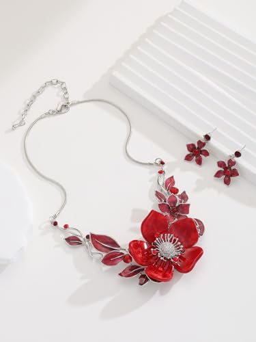 Chunky Statement Jewelry Set Vintage Retro Leaf Flower Floral Geometric Bohemian Boho Bib Necklace Earring Set Fashion Costume Jewelry for Women Girls Wedding Party Prom Unique Gift - style: flower leaf-red