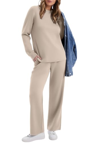 WIHOLL Lounge Sets for Women 2 Piece Travel Vacation Outfits Fall 2026 Sweatsuit Tracksuit - color: Beige, size: Small