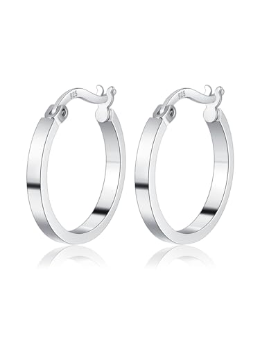 RoseJeopal 925 Sterling Silver Flat Hoop Earrings for Women 20/30/40/50MM | 14K White Gold Plated, Hypoallergenic, Lightweight, Flat Hoop, Jewelry Gift - color: Silver-20MM