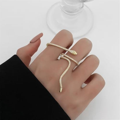 Dainty Crystal Snake Open Ring for Women CZ Snake Ring Gold/Silver Cubic Zirconia Adjustable Copper Ring for Her Lover Animal Snake Index Finger Ring - color: gold