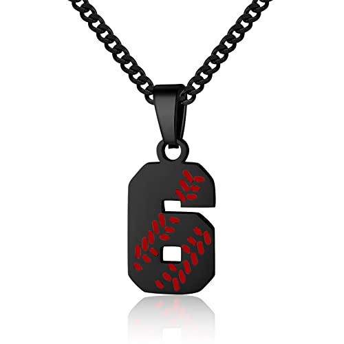 Hatti Doris Baseball Number Necklace for Men 00-99 - Jersey Number Necklace with Stainless Steel Gold Plated Chain & Baseball Charm Pendant - color: Black, style: 6