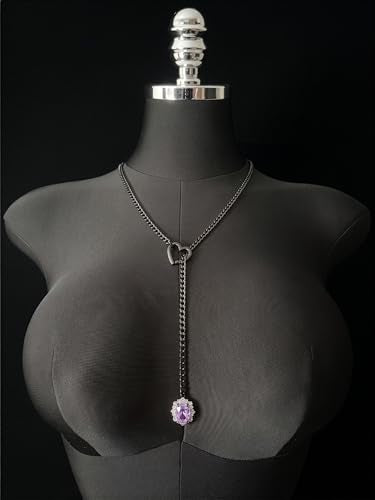 Women's Heart O-Ring Slip Chain Necklace, Double Layered Adjustable 39'' Cuban Chain with Detachable Heart Clasp and Colorful Rhinestone Pendant - color: 25'' Black-Amethyst Purple