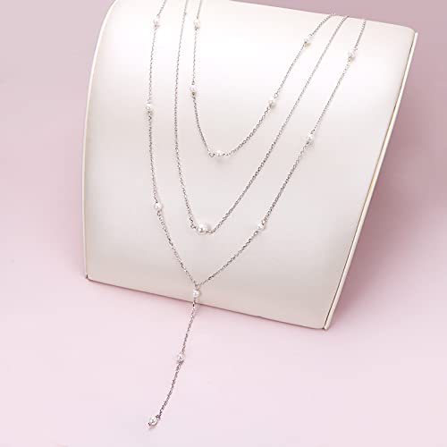 925 Sterling Silver Multilayer Layered Triple Long Chain Necklace for Women - style: Pearl Multilayer
