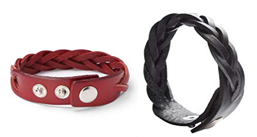 CCBFY Genuine Leather Bracelet Braided Sporty Wide Wristband Punk Jewelry for Men Women - color: Set of 2 - Black + Wine Red