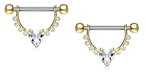 Forbidden Body Jewelry Pair of Surgical Steel 1/2 Inch (12mm) D-Ring Style CZ Heart Dangle Nipple Barbells - color: Clear (Gold Tone)