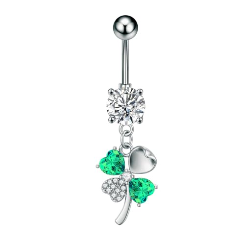 CZ Four Leaf Clove Belly Button Rings for Women Stainless Steel Green Crystal Belly Dangle Navel Piercing Barbell Studs Rings ST Patricks Day Irish Piercing Jewelry - color: Silver