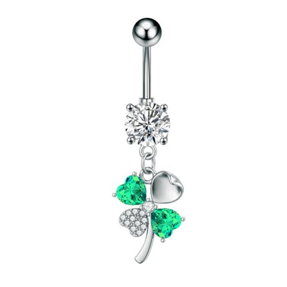 CZ Four Leaf Clove Belly Button Rings for Women Stainless Steel Green Crystal Belly Dangle Navel Piercing Barbell Studs Rings ST Patricks Day Irish Piercing Jewelry - color: Silver