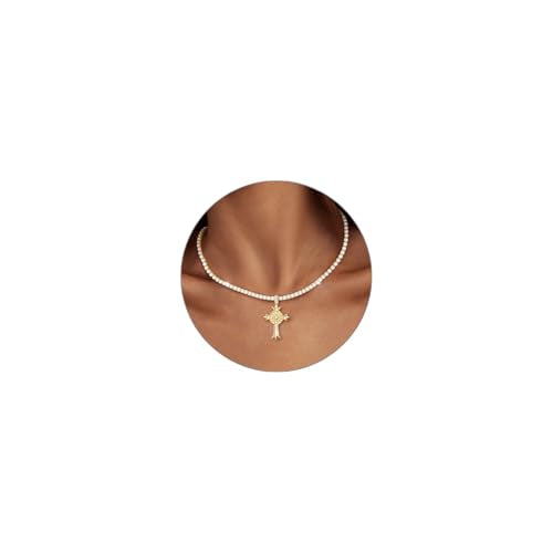 Luxval Tennis Necklace 14K Gold Plated Rhinestone Butterfly Choker Necklaces for women Dainty Zirconia Cut Faux Diamond chain 3mm - color: Gold-Cross charm tennis